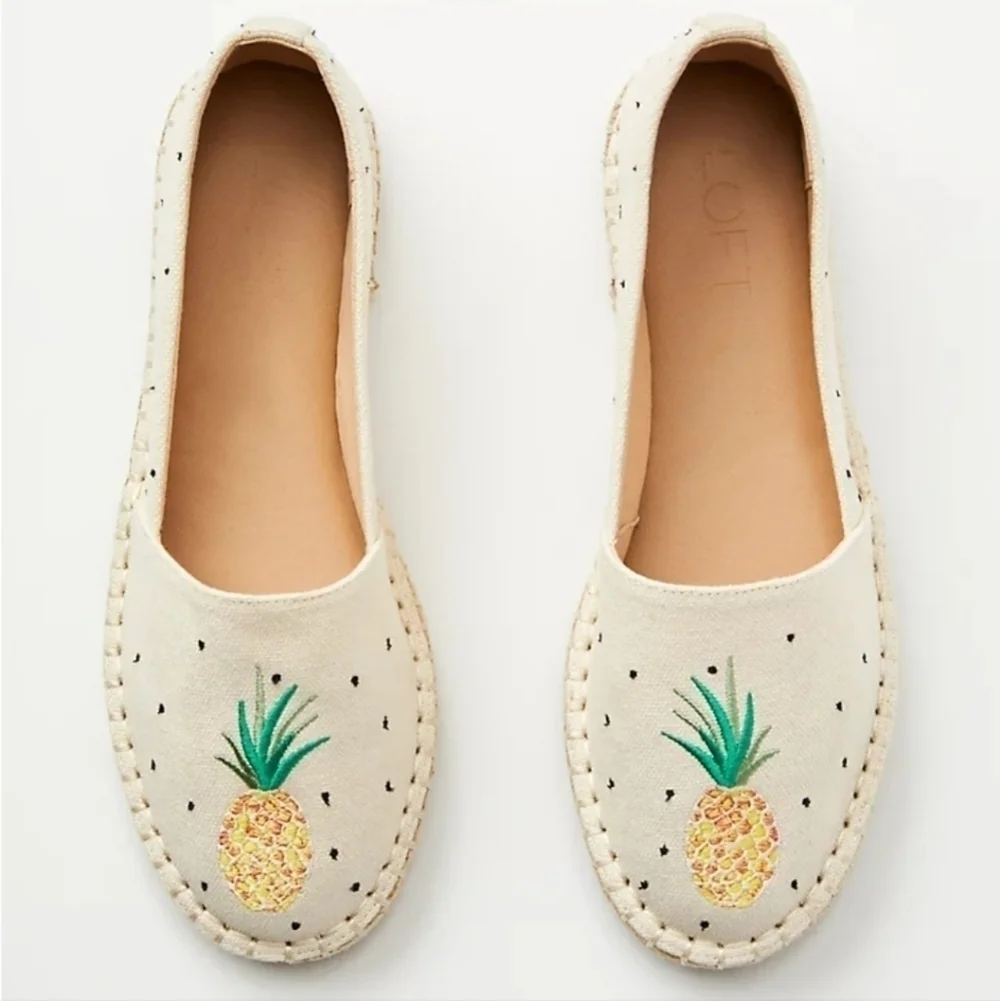 NEW! LOFT Pineapple Embroidered Espadrille Flats Flaxen Beige 6.5.